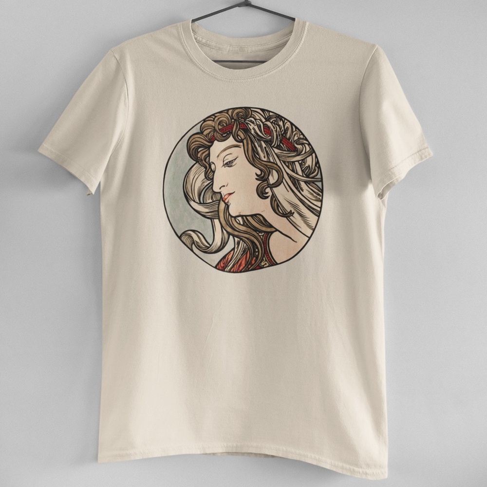 Art Nouveau Woman Vintage Circle Print Short Sleeve Graphic Tee T-shirt S M L XL